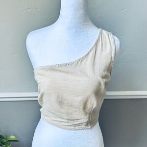 Japana One Shoulder Linen Crop Top Tan Size Large